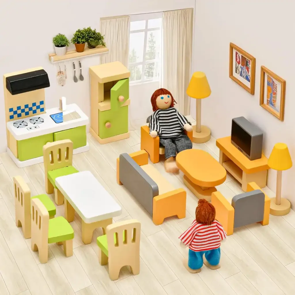 Colorful Beech Wood and Plastic Miniature Doll House Accessories with 2 Family Dolls