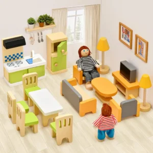 colorful-dollhouse-furniture-miniature-accessories-with-2-dolls Colorful Beech Wood and Plastic Miniature Doll House Accessories with 2 Family Dolls