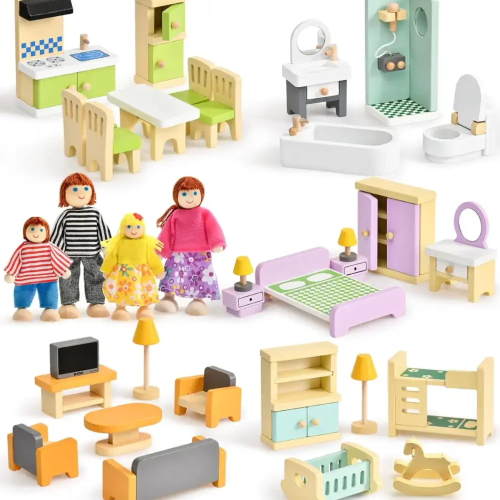 colorful-dollhouse-furniture-miniature-accessories-with-4-dolls 36PCS Colorful Beech Wood and Plastic Miniature Doll House Accessories with Modern 5 Rooms & 4 Flexible Family Dolls
