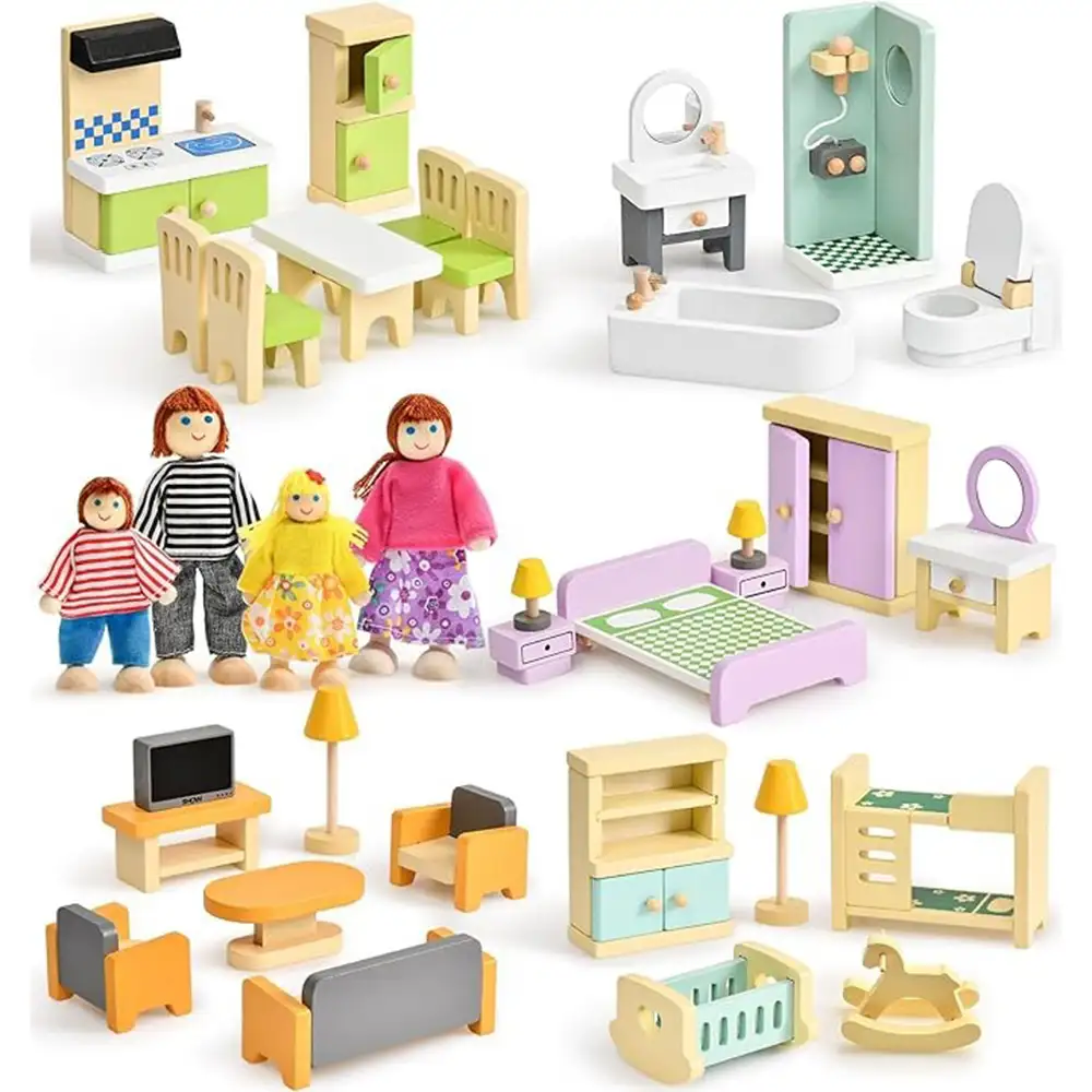 colorful-dollhouse-furniture-miniature-accessories-with-4-dolls 36PCS Colorful Beech Wood and Plastic Miniature Doll House Accessories with Modern 5 Rooms & 4 Flexible Family Dolls