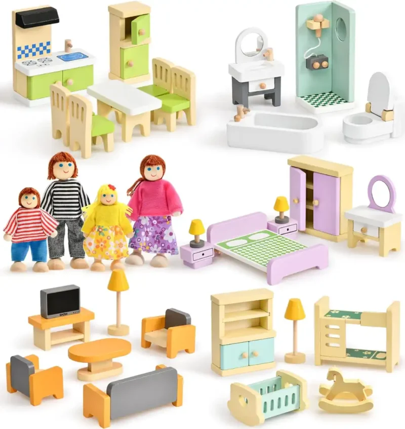 colorful-dollhouse-furniture-miniature-accessories-with-4-dolls 36PCS Colorful Beech Wood and Plastic Miniature Doll House Accessories with Modern 5 Rooms & 4 Flexible Family Dolls