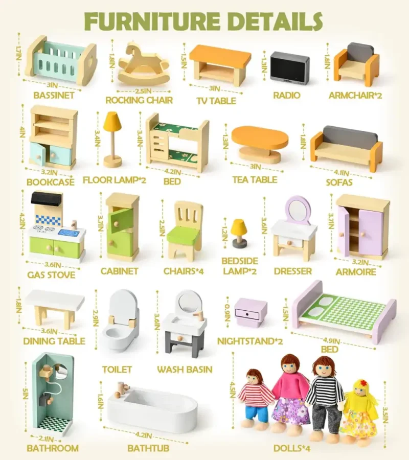 colorful-dollhouse-furniture-miniature-accessories-with-details-and-size Colorful Beech Wood and Plastic Miniature Doll House Accessories with details and sizes
