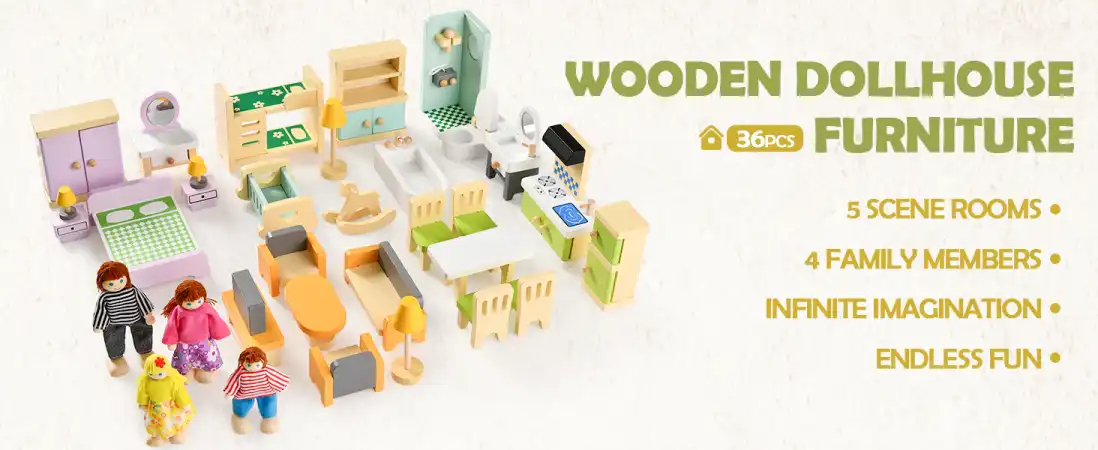 36PCS Colorful Beech Wood and Plastic Miniature Doll House Accessories with Modern 5 Rooms & 4 Flexible Family Dolls