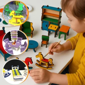 custom-decoration-for-3d-puzzle-diy-wooden-dollhouse-furniture-sets a cute kid crafting colorful wooden dollhouse furniture set