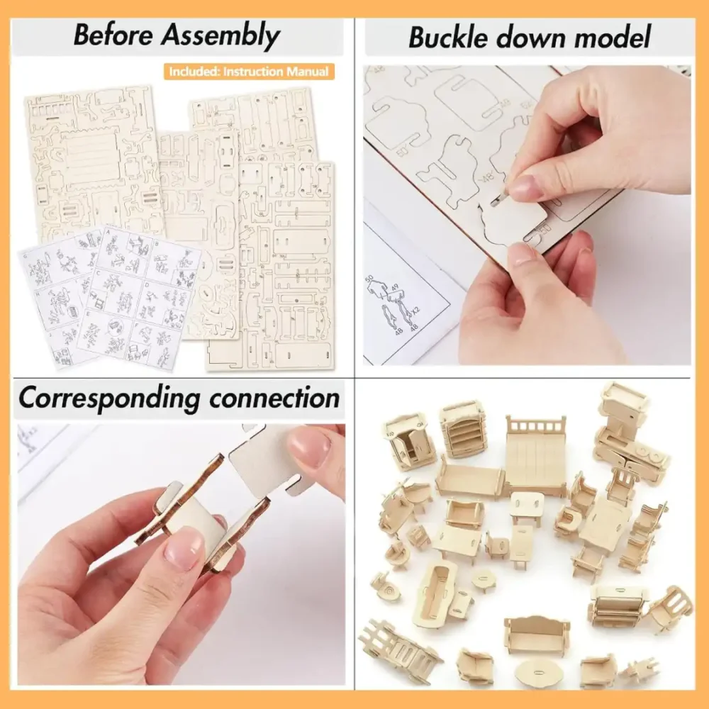 how to assemble 3D Puzzle DIY Wooden Dollhouse Furniture Set