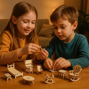 kids-assemble-3d-wooden-dollhouse-furniture-set 2 children assemble wooden dollhouse furniture set