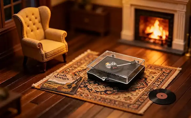 1:12 Scale Mini Record Player Set on the carpet