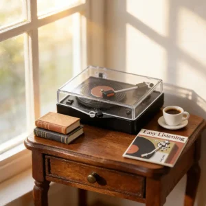 mini-record-player-set-on-the-desk 1:12 Scale Mini Record Player with 1 pcs Miniature Record Set on the desk