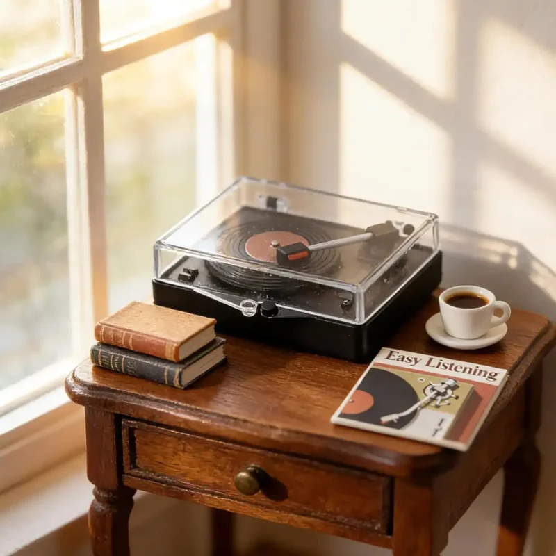 mini-record-player-set-on-the-desk 1:12 Scale Mini Record Player with 4 pcs Miniature Records Set on the desk