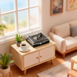 mini-record-player-set-on-the-table 1:12 Scale Mini Record Player with 4 pcs Miniature Records Set on the table