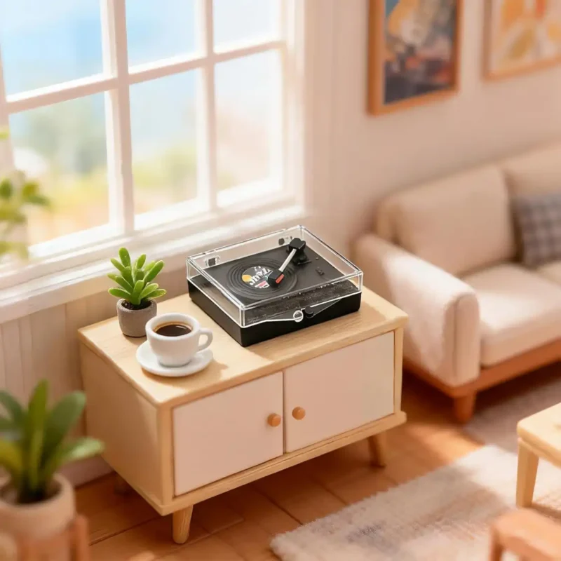 mini-record-player-set-on-the-table 1:12 Scale Mini Record Player with 4 pcs Miniature Records Set on the table