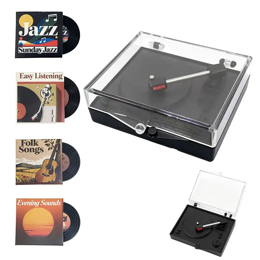 1:12 Scale Mini Record Player with 4 pcs Miniature Records Set