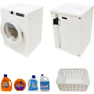There is a miniature dollhouse washing machine set