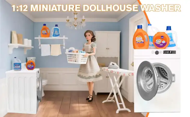 1:12 Scale Miniature Electric Washing Machine and Laundry Set