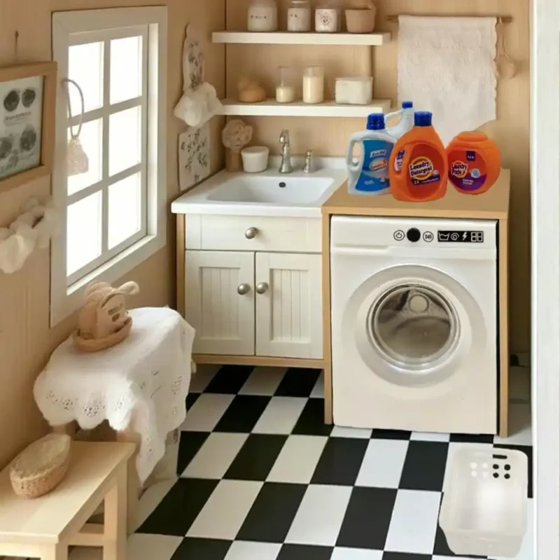 miniature-realistic-dollhouse-washing-machine-with-accessories-3 1:12 Scale Miniature Electric Washing Machine and Laundry Set