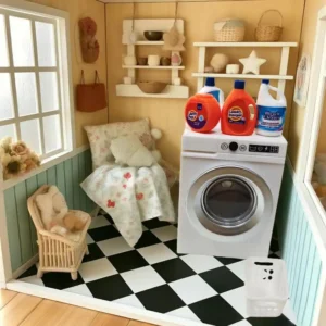 1:12 Scale Miniature Electric Washing Machine and Laundry Set