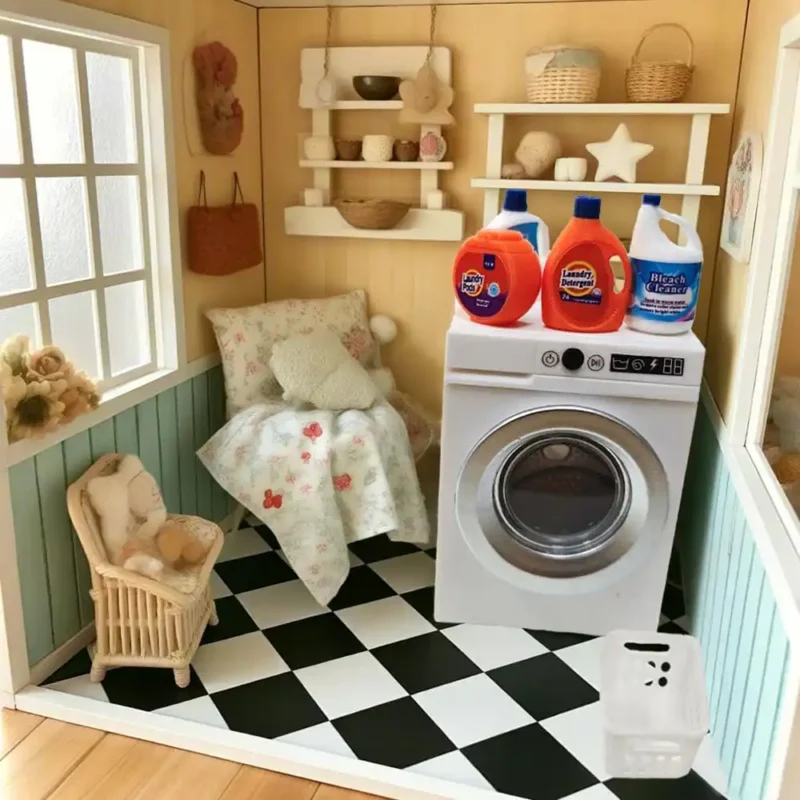1:12 Scale Miniature Electric Washing Machine and Laundry Set