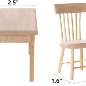 miniature-unfinished-table-and-chair-with-size 1:12 Scale Wooden Dollhouse Furniture Miniature Dining Table & Chair Set