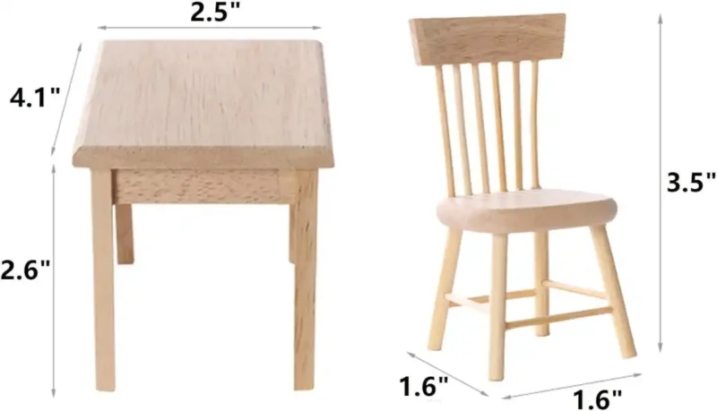 miniature-unfinished-table-and-chair-with-size 1:12 Scale Wooden Dollhouse Furniture Miniature Dining Table & Chair Set