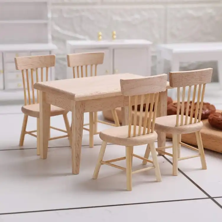 miniature-unfinished-table-and-chairs Wooden Dollhouse Furniture of Table & Chair Miniature Dollhouse Accessories