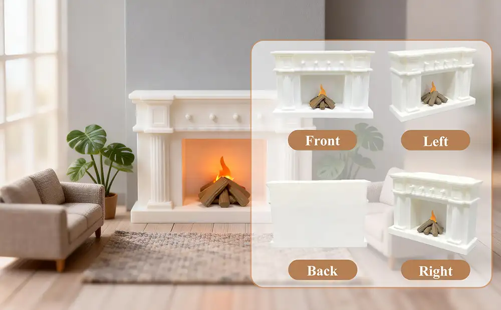 The front & back & left & right views of the mini fireplace