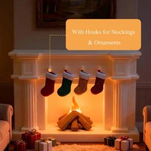 The dollhouse fireplace has hooks to hang stockings