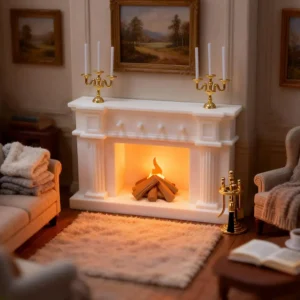 The dollhouse fireplace set is in the living room