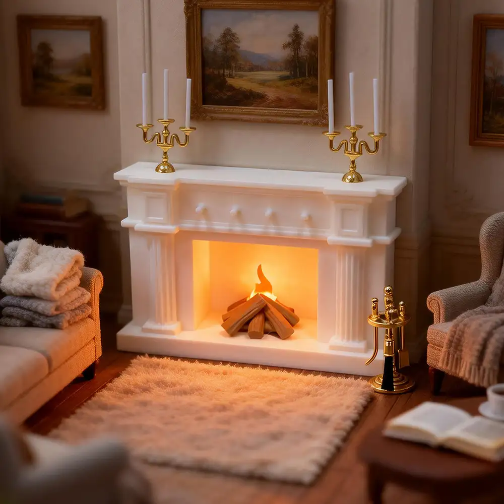 The dollhouse fireplace set is in the living room
