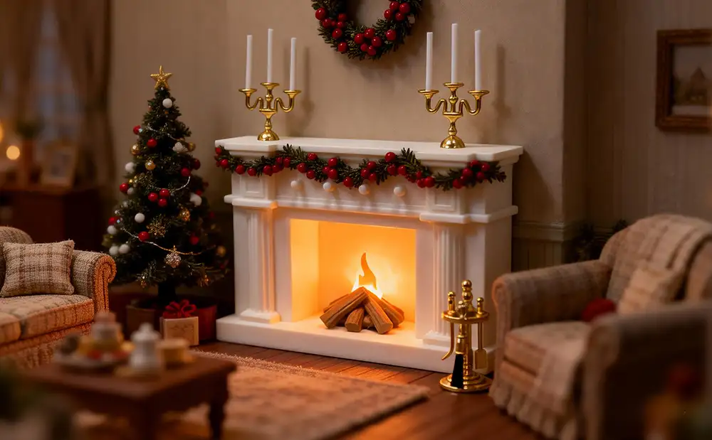 The dollhouse fireplace set is filled with Christmas atmosphere