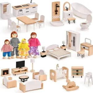 white-dollhouse-furniture-miniature-accessories-with-4-dolls 36PCS white Beech Wood and Plastic Miniature Doll House Accessories with Modern 5 Rooms & 4 Flexible Family Dolls