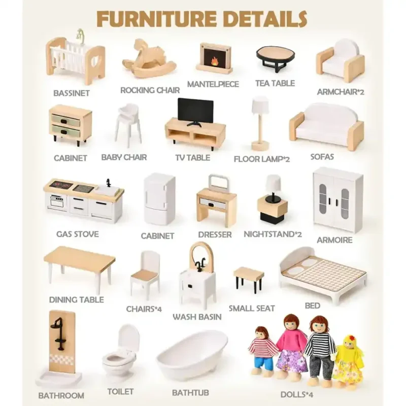 white-dollhouse-furniture-miniature-accessories-with-details White Beech Wood and Plastic Miniature Doll House Accessories