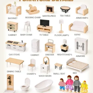 white-dollhouse-furniture-miniature-accessories-with-details 36PCS Wooden Dollhouse Furniture Set Miniature Doll House Accessories, with 5 Room & 4 Flexible Family Dolls