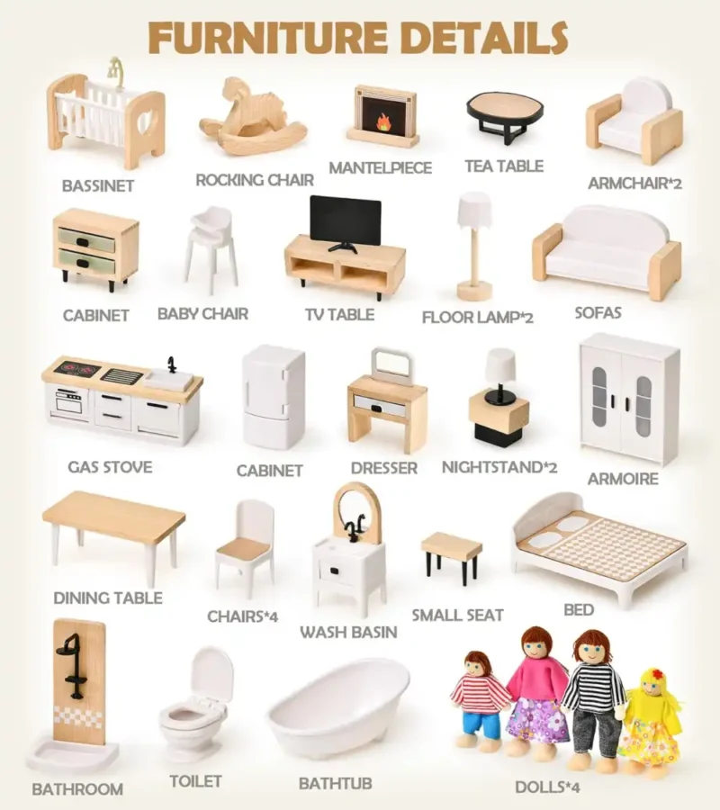 white-dollhouse-furniture-miniature-accessories-with-details 36PCS Wooden Dollhouse Furniture Set Miniature Doll House Accessories, with 5 Room & 4 Flexible Family Dolls